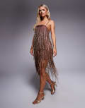 [ASOS Petite] ASOS DESIGN Petite beaded fringe mini cami dress in chocolate-Brown 8 BROWN