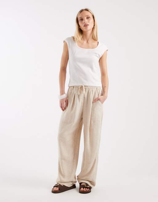 ASOS DESIGN Petite – Beige cargobyxor i linne och twill med resårmidja, 3 av 5