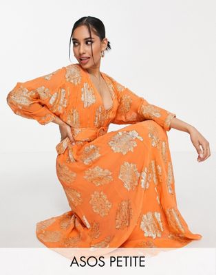 ASOS DESIGN Petite belted batwing maxi tea dress in orange metallic jacquard-Multi