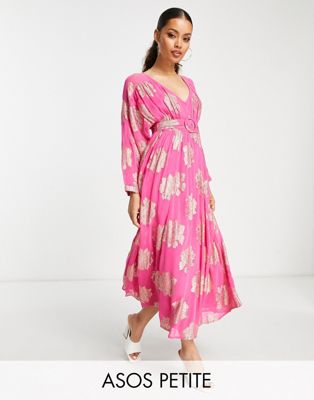 ASOS DESIGN Petite belted batwing maxi tea dress in pink metallic jacquard-Multi