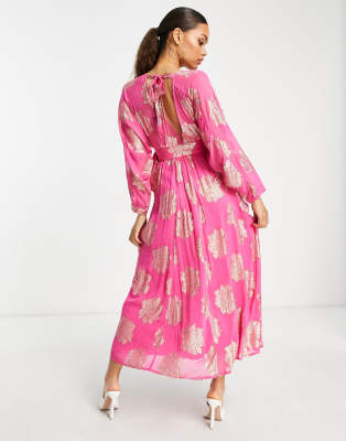 ASOS DESIGN Petite belted batwing maxi tea dress in pink metallic jacquard  | ASOS