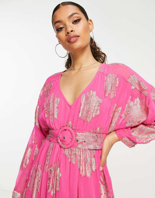 ASOS DESIGN Petite belted batwing maxi tea dress in pink metallic jacquard