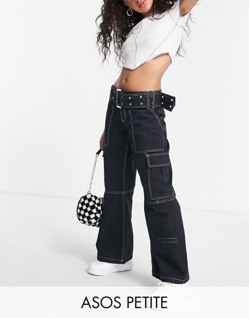 ASOS DESIGN Petite belted combat flare pants in black with contrast ...