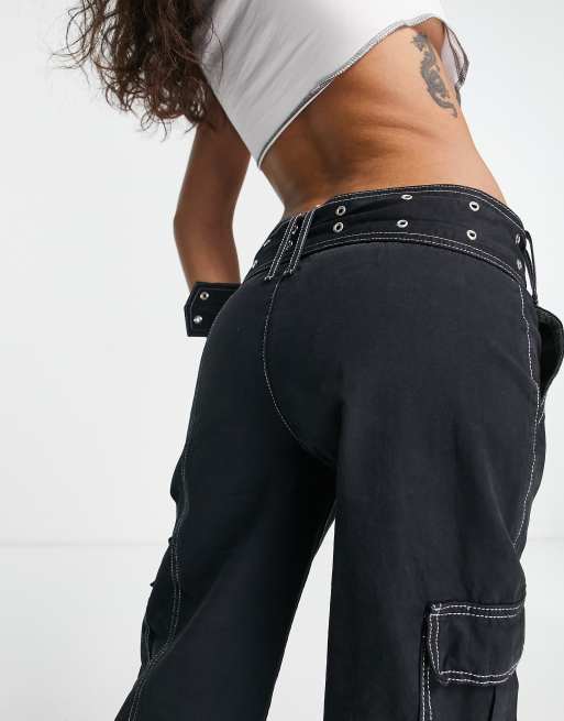 ASOS DESIGN Petite belted combat flare trouser in black with contrast stitch, 2 of 4