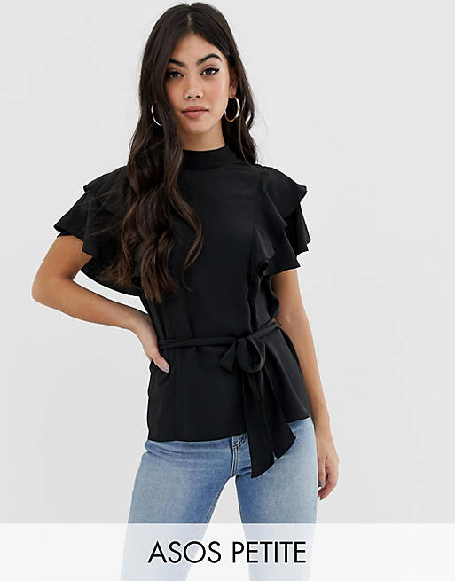 ASOS DESIGN Petite belted high neck top with ruffle sleeves | ASOS