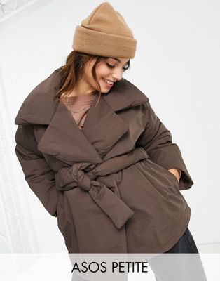 ASOS DESIGN Petite belted puffer jacket in brown - ASOS Price Checker