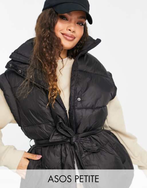 ASOS DESIGN Petite belted puffer vest in black | ASOS