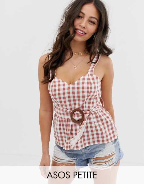 ASOS DESIGN Petite belted sun top with peplum in check
