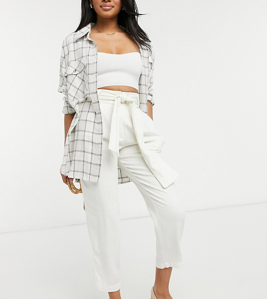 ASOS DESIGN Petite belted tapered linen pants in cream-White