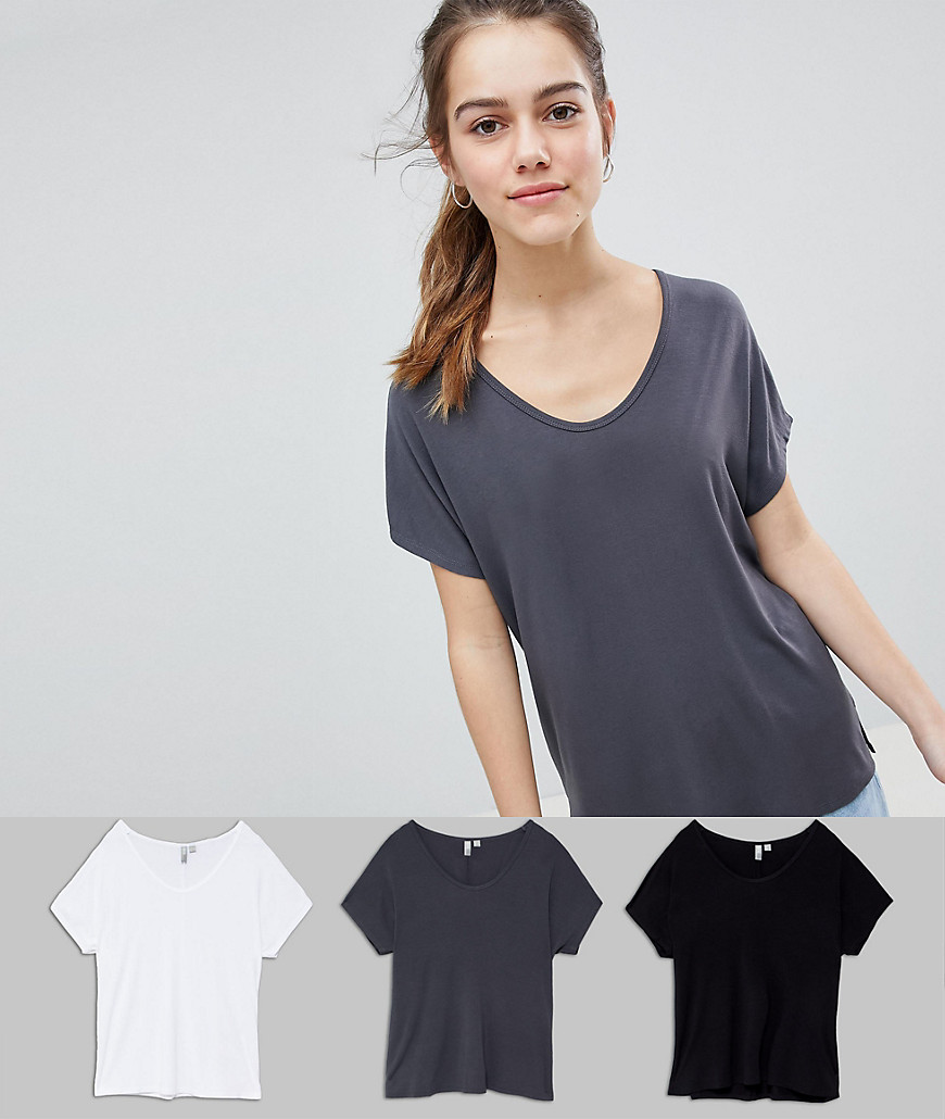 ASOS Design - Petite - BESPAREN met set van 3 T-shirts met gedrapeerde vleermuismouw-Multi