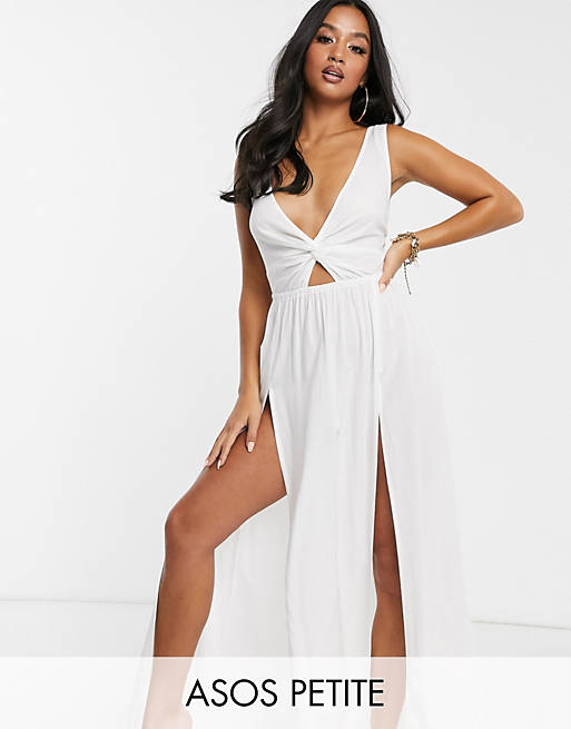 ASOS DESIGN PETITE — Biała plażowa sukienka maxi ze skręconym przodem i wiązanym tyłem