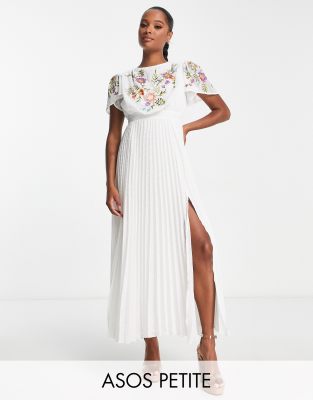 ASOS DESIGN Petite – Biała plisowana sukienka midi z materiału dobby z haftowanym wzorem, drapowanym przodem i paskiem