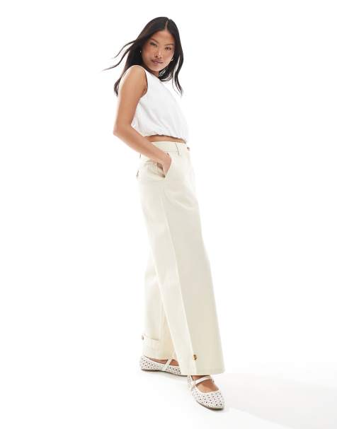 ASOS DESIGN Petite laundered barrel trousers with tab detail in bone white