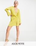 [ASOS Petite] ASOS DESIGN Petite bias cut drape mini dress with button detail in chartreuse-Yellow 2 Chartruese
