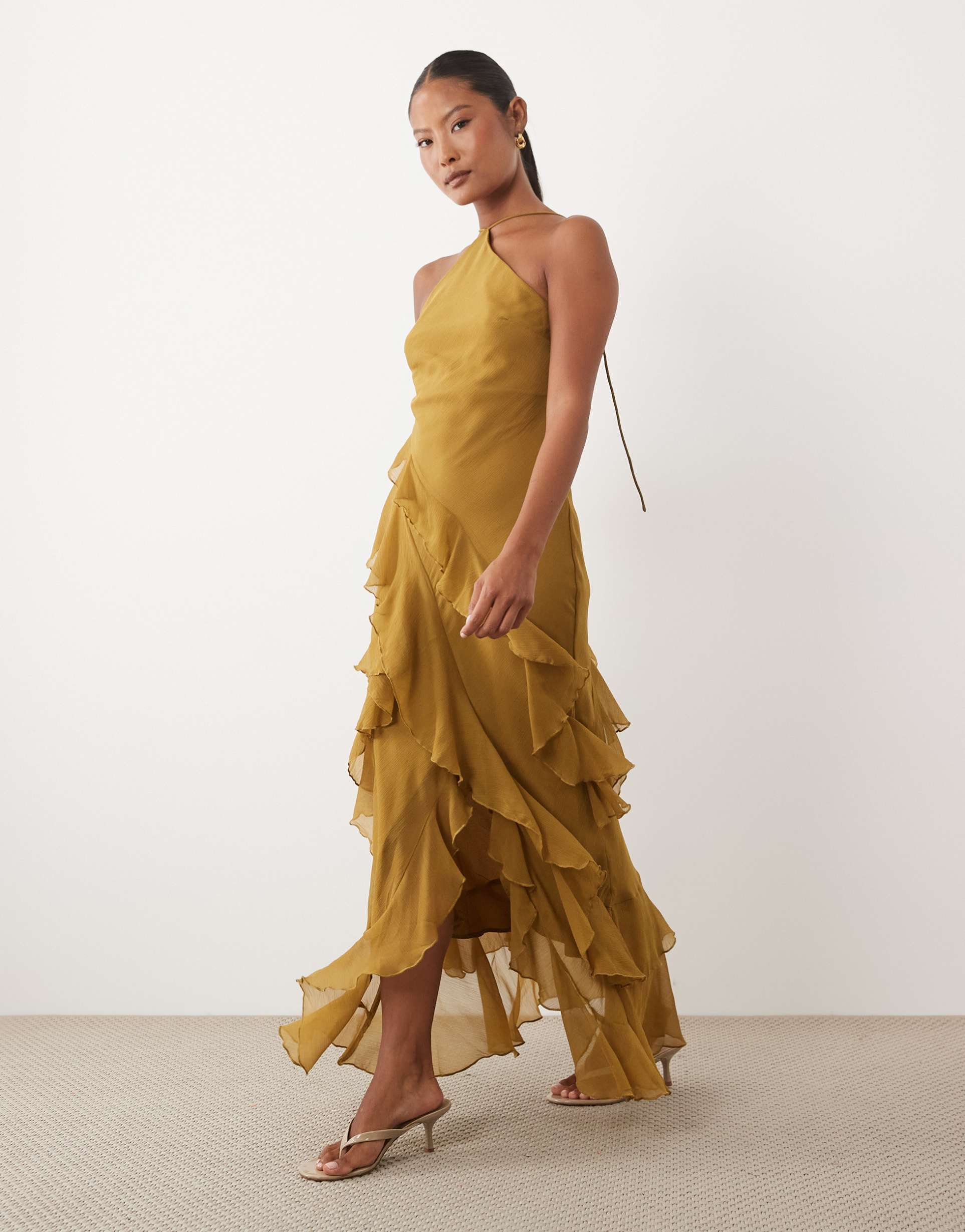 asos design petite bias cut maxi dress with full hem cut ruffles and high-low hem in tobacco