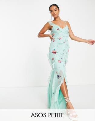 ASOS DESIGN Petite bias cut maxi dress with ruffle detail and floral embellishment - ASOS Price Checker