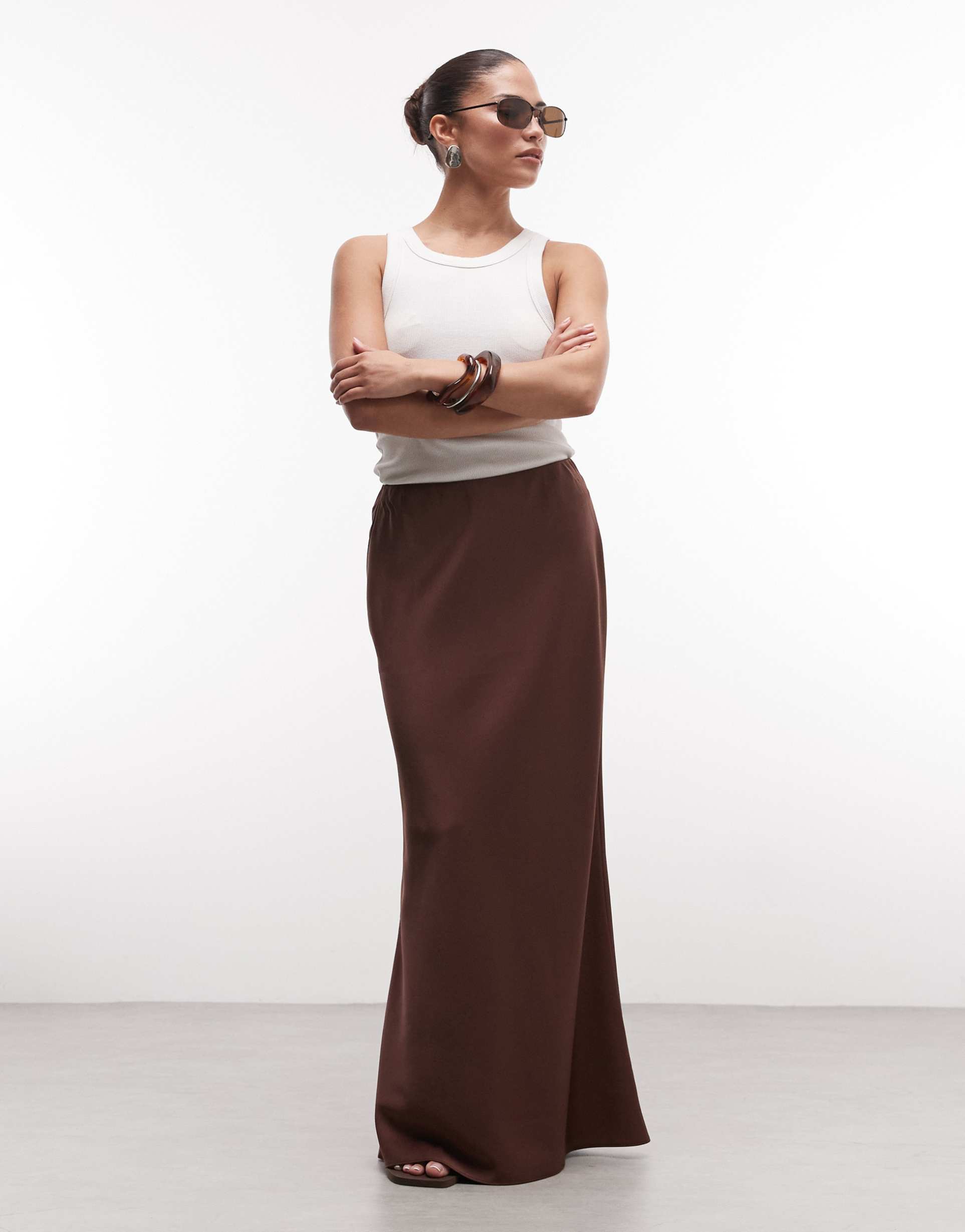 asos design petite bias cut satin maxi skirt in dark brown