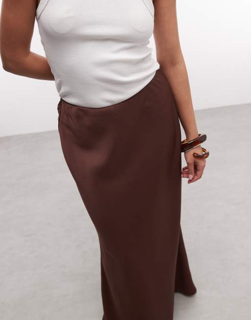 ASOS DESIGN Petite bias cut satin maxi skirt in dark brown, 4 of 5