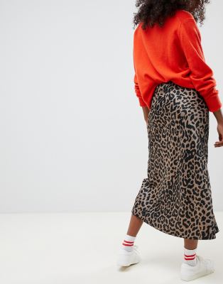 asos design bias cut satin midi skirt in leopard print