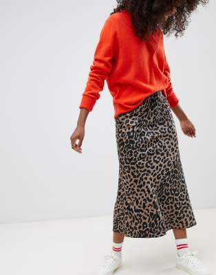 asos design bias cut satin midi skirt in leopard print