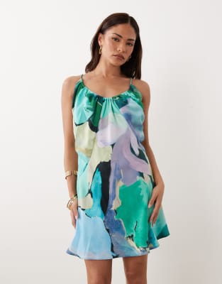 Asos Petite Asos Design Petite Bias Cut Scoop Neck Low Back Satin Mini Dress In Multi