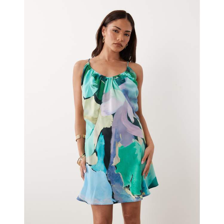 asos design bias cut mini satin dress with floral embellishment ASOS Design Bias Cut Mini Satin Dress With Floral Embellishment- Yellow in  White