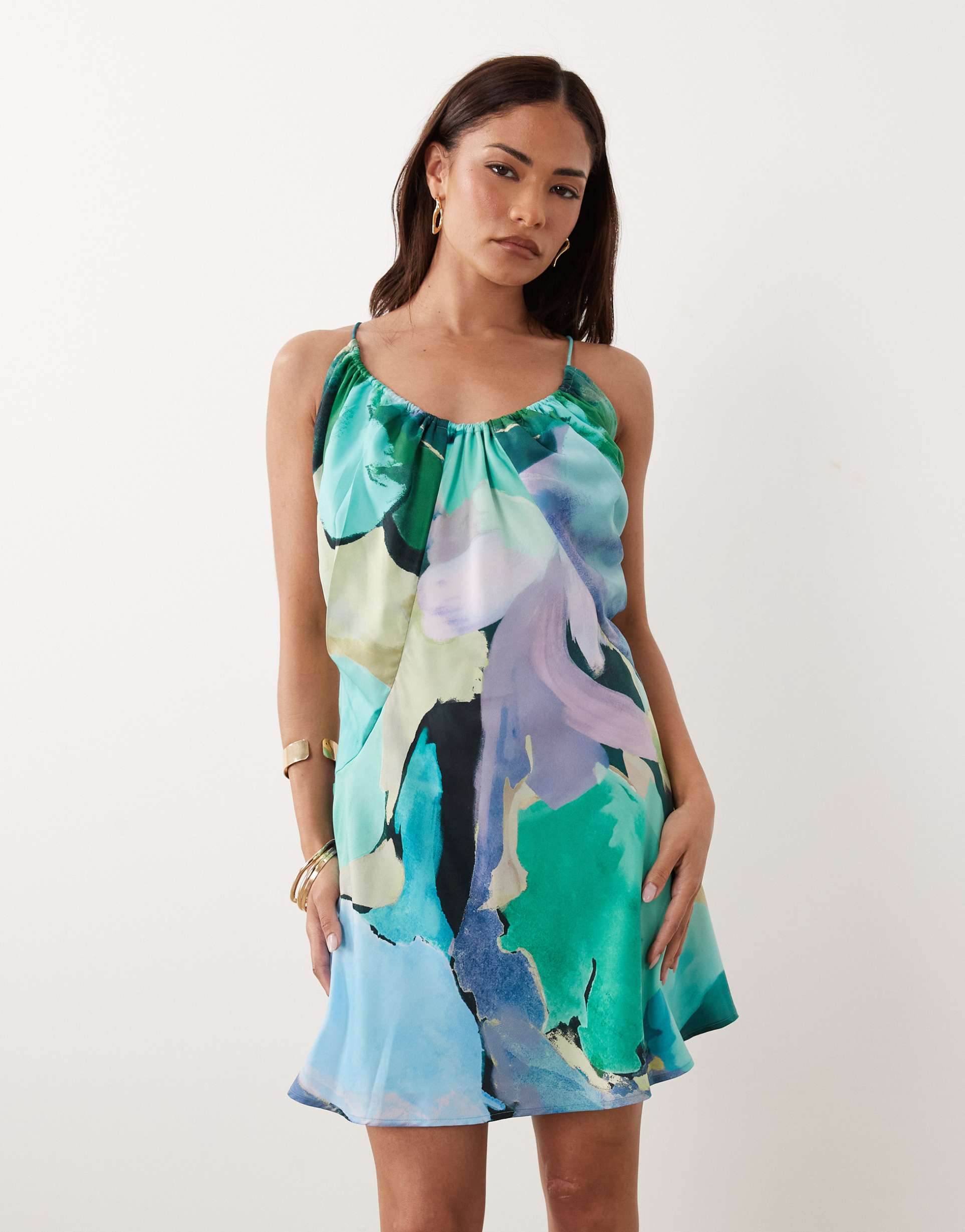 asos design petite bias cut scoop neck low back satin mini dress in blue & red abstract floral