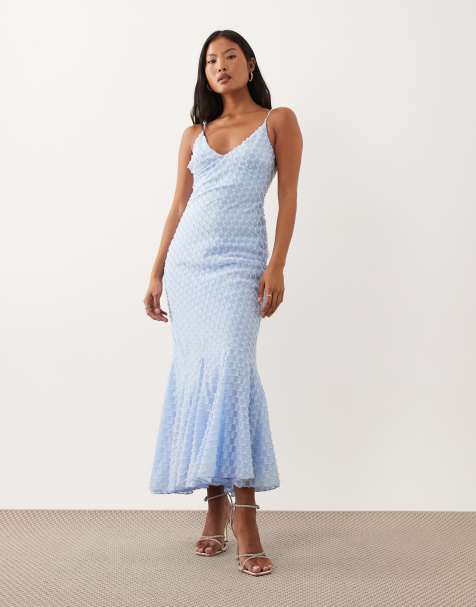 ASOS DESIGN Petite bias plunge cami dress with full godets and scarf detail in light blue - view 1