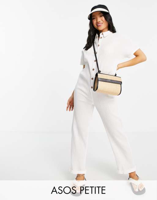 ASOS DESIGN Petite – Biały kombinezon z koszulową górą zapinaną na guziki
