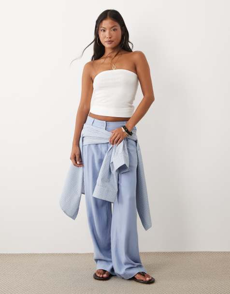 ASOS DESIGN Petite - Blå bukser i hørblanding med brede ben og plisseringer - view 1