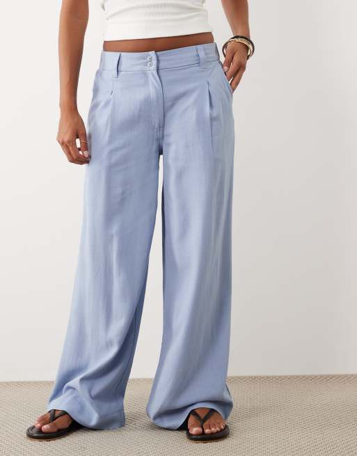 ASOS DESIGN Petite - Blå bukser i hørblanding med brede ben og plisseringer, 3 af 5