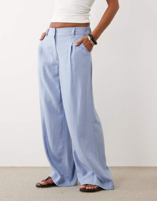 ASOS DESIGN Petite - Blå bukser i hørblanding med brede ben og plisseringer, 4 af 5