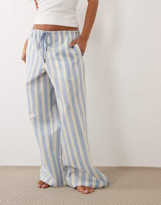ASOS DESIGN Petite – Blå, gulrandiga, vävda pyjamasbyxor, 3 av 4