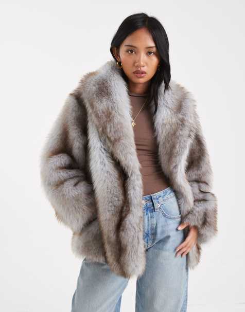 ASOS DESIGN Petite - Blå og brun stribet frakke med kantdetaljer i imiteret pels - view 1