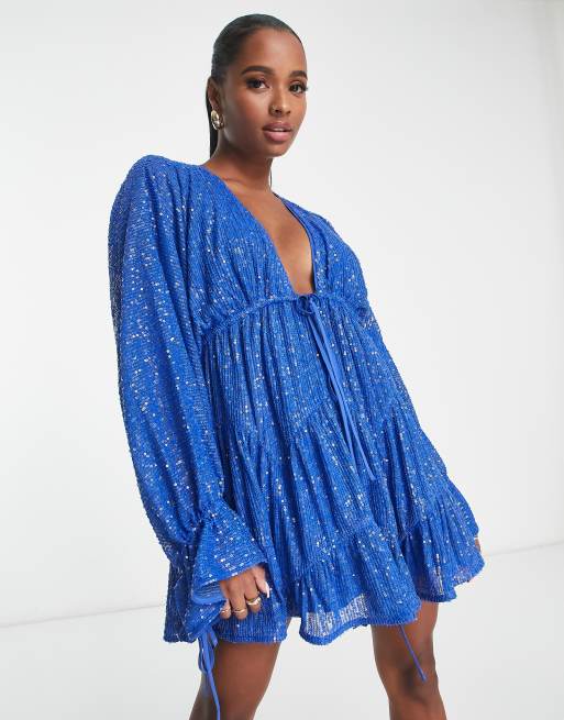 ASOS DESIGN Petite – Blå, panelsydd miniklänning med utsmyckning och knytdetalj, 4 av 4