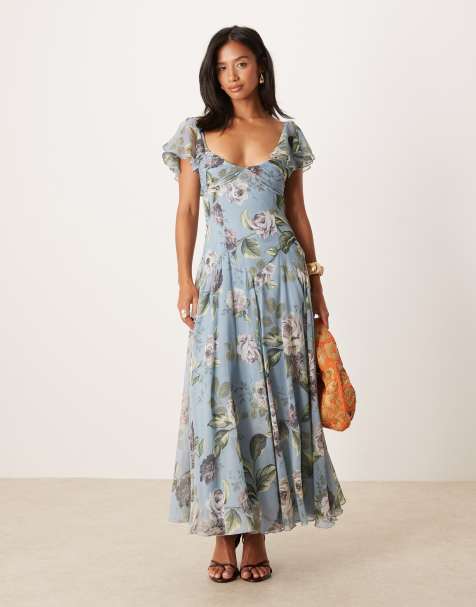 ASOS DESIGN Petite – Blå, vintageblommig midiklänning med vid kjol och låg midja - view 1
