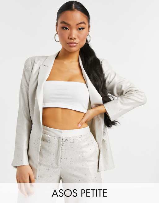 ASOS DESIGN Petite - Blazer da abito premium stile smoking color crema con paillettes