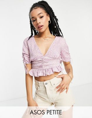 ASOS DESIGN Petite v neck tea blouse with ruched waist detail and peplum hem in lilac floral  - ASOS Price Checker