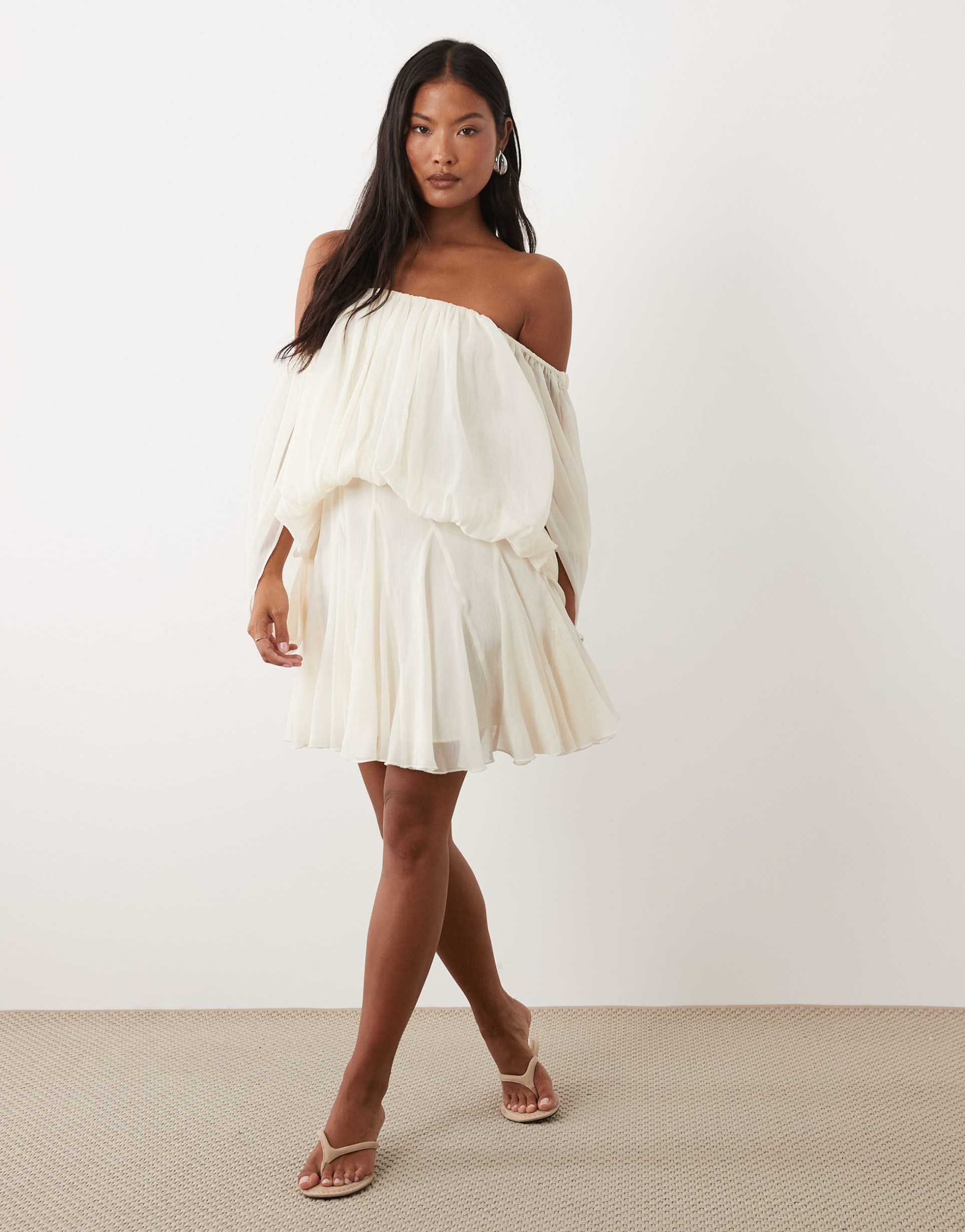 asos design petite blouson mini dress with split sleeve and volume godet skirt in cream