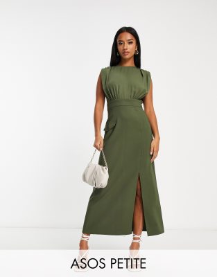 ASOS DESIGN Petite blouson sleeveless midi dress with pocket and split detail in khaki-Green