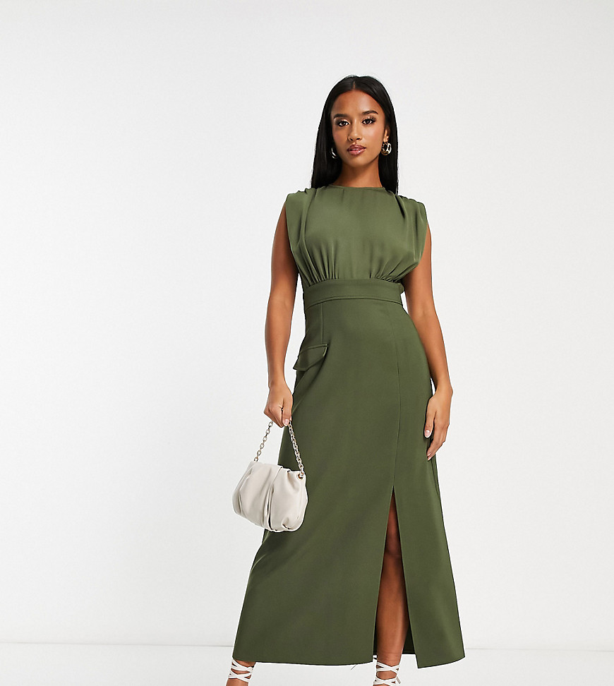 ASOS DESIGN Petite blouson sleeveless midi dress with pocket and split detail in khaki-Green