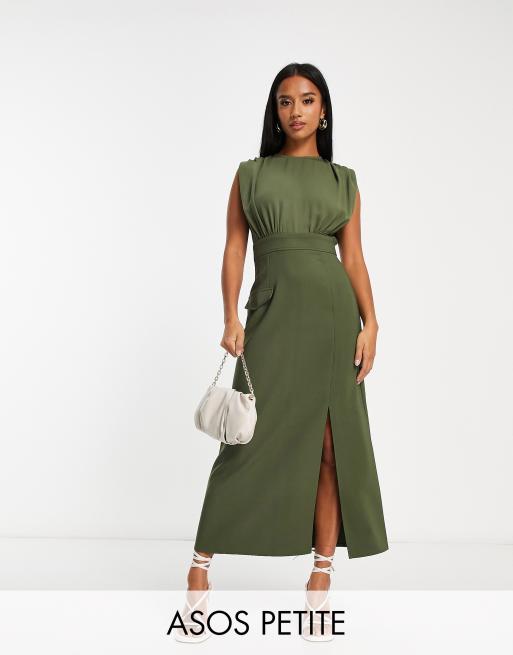 ASOS DESIGN Petite blouson sleeveless midi dress with pocket and split  detail in khaki