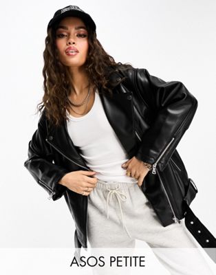 ASOS DESIGN Petite longline oversized faux leather biker jacket in black - ASOS Price Checker