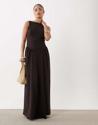 Asos Petite Asos Design Petite Boat Neck Waist Detail Midi Dress In Brown