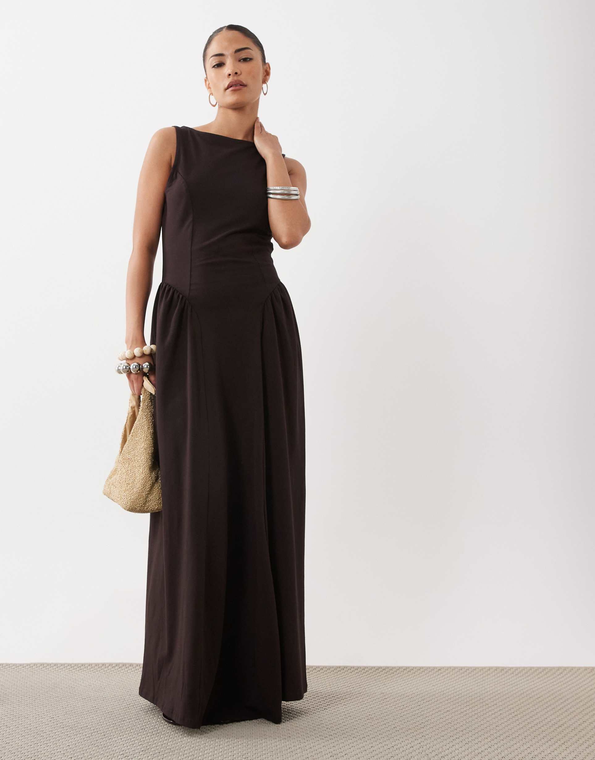 asos design petite boat neck waist detail midi dress in chocolate