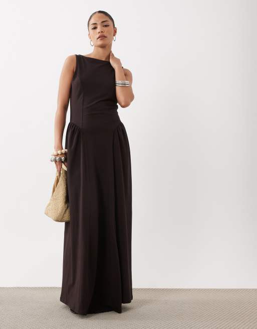 asos formal dresses petite Design boat neck waist detail midi dress in chocolate-Brown long dresses for women