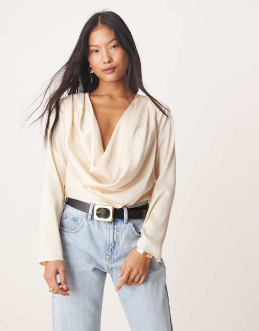 ASOS DESIGN Petite - Body in raso color crema con scollo ad anello