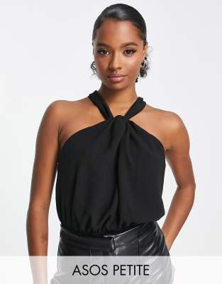 ASOS DESIGN Petite - Body in Schwarz mit Detail und geknoteter Rückenpartie