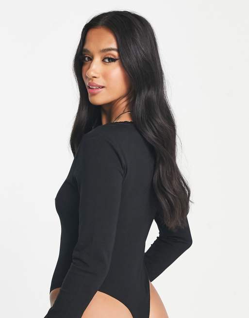 ASOS DESIGN Petite - Body manches longues à col V et bordures dentelle - Noir , 2 de 4