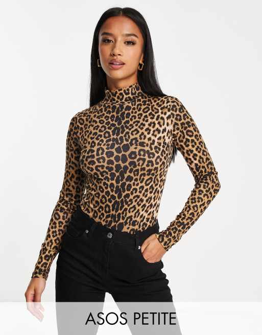 ASOS DESIGN Petite - Bodystocking med rullekrave og leopardprint 
